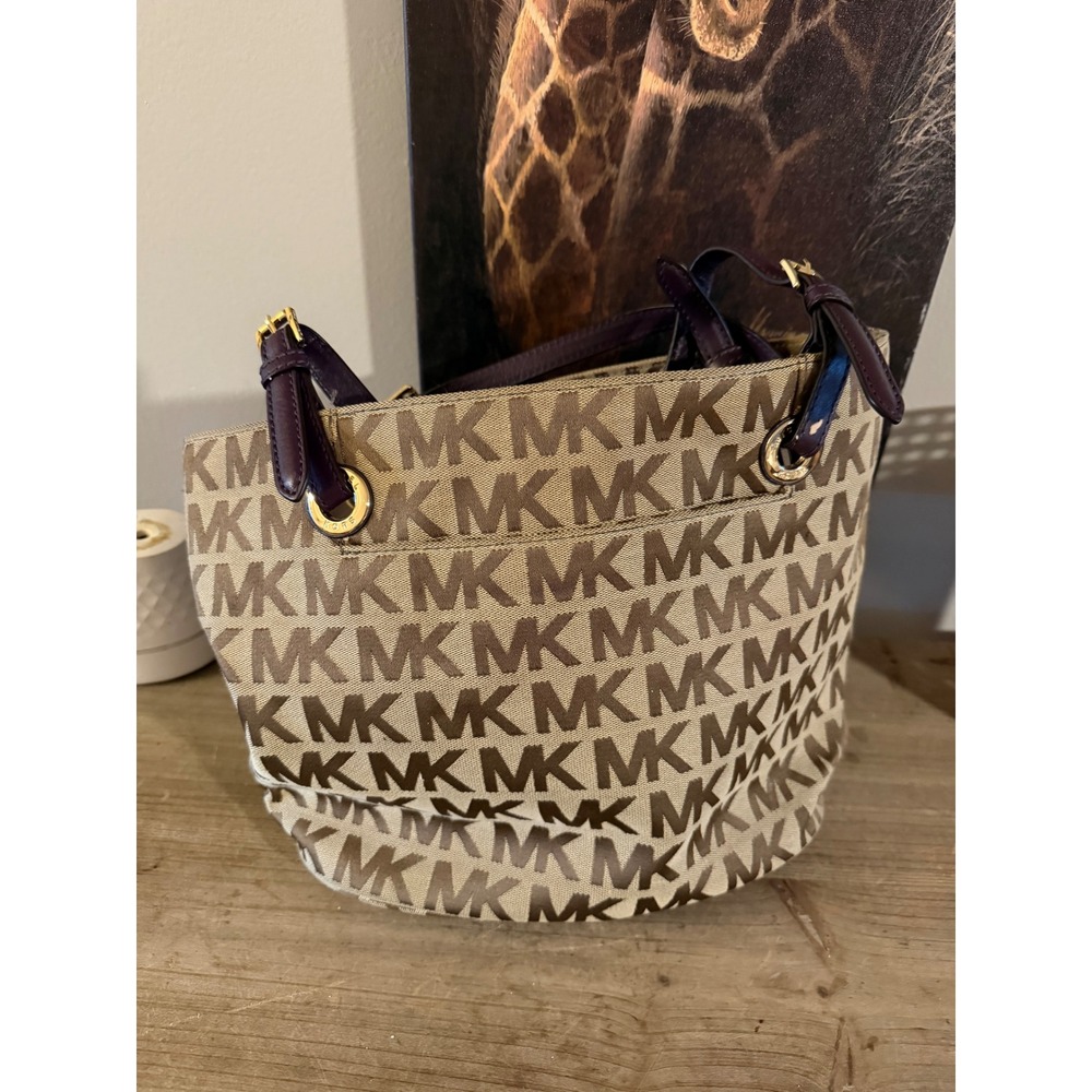 MICHAEL KORS Signature MK Monogram Canvas Leather‎ Trim Bucket Bag Tote Purse - Picture 6 of 8